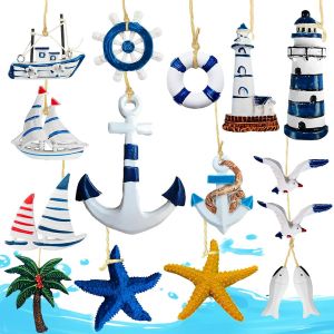 Eryi-15 Pièces Ornements De Mur Côtiers De Plage, Décoration Nautique Pendentif Maritime, Décoration Murale Nautique, Ornement Méditerranéen Marine Étoile De Mer/Phare/Ancre/Bateau/Anneau De Bain - Neuf