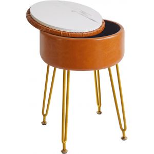 Tabouret Faux Cuir Rond Repose-Pieds avec Stockage Ottoman, Maquillage vanit&eacute; Chaise Table lat&eacute;rale, PU Dressing Table si&egrave;ge, Couvercle Amovible, Jambes en Acier dor&eacute;, Marron Clair WBD024J - Neuf