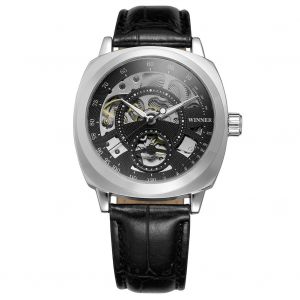 Montre-Bracelet Mecanique Automatique Winner Pour Homme, Etanche, Ajouree, Avec Bracelet En Cuir Pu (Noir) - Neuf