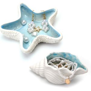 2pcs Plateaux De Bijoux,Coquillage Et Étoile De Mer Plat À Bijoux En Céramique,Petit Plateau À Clés Décoratif Vide Poche Entrée,Présentoir Plaque Bijoux Cadeau Pour Femme Fête Anniversaire Mariage - Neuf