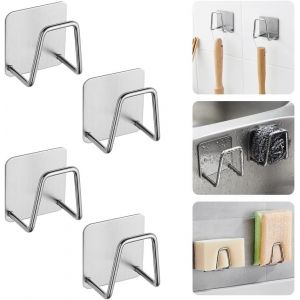 MEVRONISSHOP-4 PCS Porte-&Eacute;ponge Autocollant en Acier Inoxydable 5 * 5 * 3.2cm Porte Eponge Cuisine Evier Crochet Autocollant Adhesif Noir Support Eponge Evier Cuisine Inox Crochet pour &Eacute;ponge Brosse - Neuf