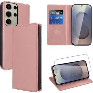 Kal-Coque Cuir Pour Samsung Galaxy S25 Ultra 6.9"" Avec 1 Verre Trempé Etui À Rabat En Pu Porte-Cartes Portefeuille Support Flip Housse Magnétique Antichoc Anti-Rayures Case,Rose-Gold - Neuf