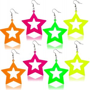 Kal-Lot De 4 Paires De Boucles D'oreilles Néon Vintage En Forme D'étoile Néon Pour Femme Années 80 - Boucles D'oreilles Colorées - Accessoire De Fête - Pour Fêtes Des Années 80 - Costume Vintage - Neuf