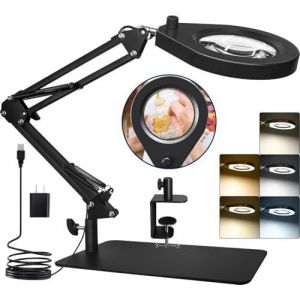 - Lampe Loupe Avec Base Et Pince, Loupe Éclairée 5x 105 Mm, Lumière À Intensité Variable (5 Couleurs, 10 Niveaux, 790 Lm), Bras Pivotant Réglable - Mains Libres Pour Les Tâches De Précision - Neuf