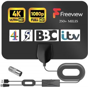 Antenne d'int&eacute;rieur DVB-T2 avec amplificateur, antenne d'int&eacute;rieur pour t&eacute;l&eacute;viseur, antenne DVB-T2, antenne TV, signal am&eacute;lior&eacute;, c&acirc;ble coaxial 5 m, prend en charge 4 K 1080P cha&icirc;nes gratuites - Neuf