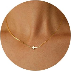 Kal-Collier Croix Femme Chretienne Or Collier Ras De Cou Femme Plaqué18k Or Croix Pendentif Croix Chaine Latérale Catholique Religion Croix Pour Femmes Chretien Bijoux En Or Cadeau Pour Femme - Neuf