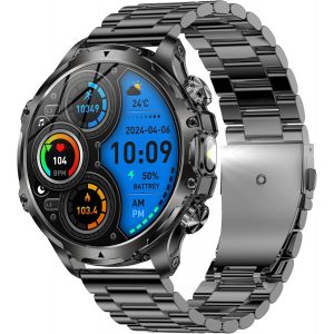 Shou-1,85¿ Amoled Montre Connectée Homme Avec Appel Bluetooth,Torche,Batterie 800 Mah,5atm Étanche Smartwatch Avec 100+ Modes Sportifs,Sommeil,Spo2,Tracker D'activité Pour Ios Android (Acier No - Neuf