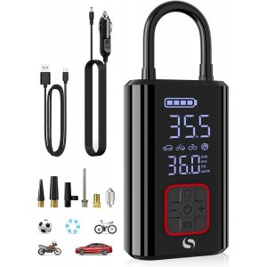 Compresseur à Air Portatif, 150PSI Gonfleur Pneus Voiture Sans Fil, Puissant Compresseur à Air Portatif avec Lumière LED, Mini Gonfleur Electrique Compresseur pour Voiture/Moto/Vélo/Balle - Neuf