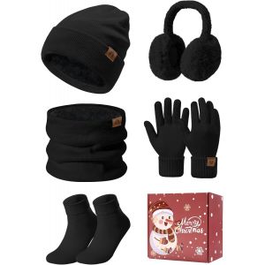 Ensemble Bonnet Echarpe Gant Tricot&eacute;s 5 En 1, Chaud Hiver Bonnet Chapeau Beanie Foulards Gant D'&eacute;cran Tactile Cache Oreille Chaussettes Femme Avec Double Polaire Ski D' Hiver - Neuf