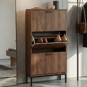 Meuble &agrave; chaussures basculant HWC-P48, &eacute;tag&egrave;re &agrave; chaussures, armoire &agrave; chaussures, 3 compartiments basculants, tablette MDF m&eacute;lamin&eacute; 125x60x25cmmarron - Neuf