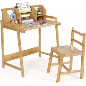 Bureau Enfant En Bambou, Ensemble Bureau Et Chaise Réglable,Avec Support De Livre, Table Enfant Avec Chaise Pour L'étude Et Au Travail - Neuf