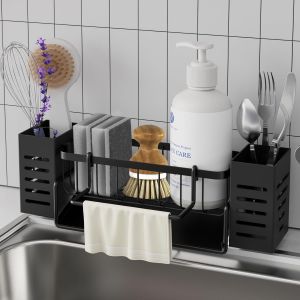 Jexnovashop-Organisateur Evier Cuisine,Porte Eponge Evier Avec Bac De Vidange Automatique,Porte Torchon Et Bo&icirc;te De Rangement Egouttoir Evier,Organisateur Et Salle De Bain (Noir) - Neuf