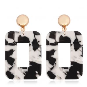 Boucles D'oreilles Pendantes Rectangulaires En Resine Et Alliage Pour Femme (Blanc Et Noir) - Neuf