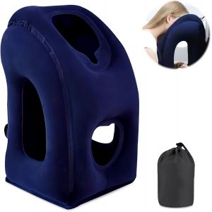 KALANKA-Coussin de voyage gonflable - Coussin de voyage gonflable - Confortable - Soutient la t&ecirc;te et le menton - Pour voiture, avion, voyage en train, camping (bleu marine) - Neuf