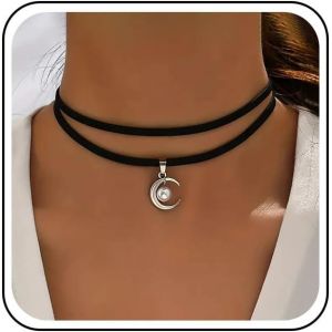 Collier Ras Du Cou En Daim Noir Collier En Velours Lune Collier Ras Du Cou En Velours Colliers En Perles Croissant De Lune Bijoux Pour Femmes - Neuf