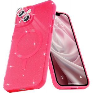 Sjzg-Coque Magn&eacute;tique Pour Iphone 15 Etui &Agrave; Paillettes Brillant Compatible Avec Magsafe Charge Sans Fil Housse De Protection Antichoc Pour Appareil Photo Glitter Silicone Souple,Rouge Ros&eacute; - Neuf