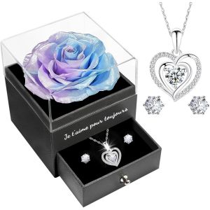 Rose Eternelle Coffret Cadeau Femme, Rose &Eacute;ternelle avec Argent 925 Collier Boucles d'oreilles Bijoux Cadeau Anniversaire Femme Maman, Fleur Eternelle Cadeau Noel Saint Valentin Fete des Meres - Neuf