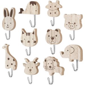 10 Pi&egrave;ces Porte Manteau Enfant Mural, Animaux Patere Murale Enfant en Bois, Crochets Adhesifs, Pat&egrave;re Murale pour Chambre D'enfant, Chambre D'enfant, Salle de Bain, Cuisine - Neuf