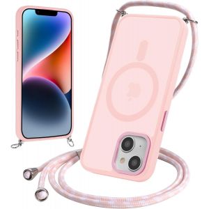 Eryi-Magnétique Coque Pour Iphone 15 6,1"" Avec Cordon, Compatible Avec Magsafe, Étui Mat Translucide Rigide Pc + Tpu Bumper Antichoc Protection Housse Avec Réglable Collier Laniere Case, Rose - Neuf