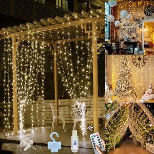 KAL-Rideau Lumineux Guirlande,300Led 3M*3M Rideau Lumineux,8 Modes D'Eclairage Usb Télécommande Avec Minuterie Pour Noël,Mariage,Anniversaire,Fenêtre,Maison (Warm White-Update) - Neuf