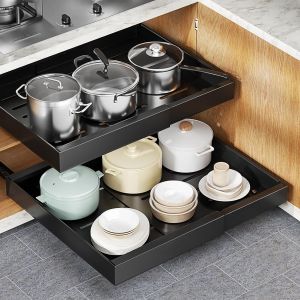 MEVRONISSHOP-Tiroir Coulissant, Tiroir T&eacute;lescopique, Tiroir Coulissant Extensible(31-52cm L x 42 cm P x 6 cm H), Tiroir de Rangement pour Placard de Cuisine (Noir-2 Pi&egrave;ce) - Neuf