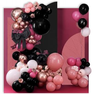 SJZG-140 Pi&egrave;ces Kit Arche Ballons Rose, Guirlande Ballons Noir Et Rose Vif Avec Ballons 4D Or Rose, Ballons M&eacute;talliques Rose Poudr&eacute; Pour D&eacute;corations D'Anniversaire, D&eacute;corations De Mariage - Neuf
