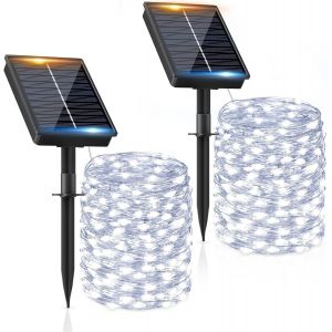 Guirlande Solaire Exterieur 2 X 16m 160led Guirlande Lumineuse Exterieure Solaire Étanche Blanc Froid 8 Modes Lumière Solaire Décoration Pour Jardin Terrasse Maison Fête Noël Mariage - Neuf