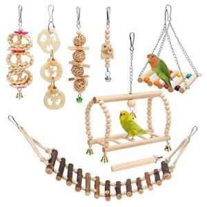 Lot De 8 Jouets &Agrave; M&acirc;cher En Bois Naturel Pour Perroquets, Clochette Suspendue, Balan&ccedil;oire Pour Cage &Agrave; Oiseaux, Convient Aux Pinsons, Petites Perruches Et Autres - Neuf