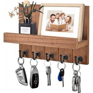 Cauc-Porte Clef Mural, Porte-Cl&eacute;s Mural En Bois, Avec 5 Crochets &Agrave; Cl&eacute;s, Pour Salon, Salle De Bain, Cuisine, Les Entr&eacute;es, Couloirs (Brun) - Neuf
