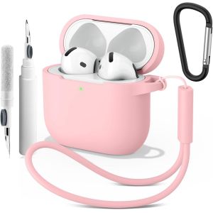Coque pour AirPods 4 avec stylo de nettoyage, coque de protection en silicone pour Apple Airpods g&eacute;n&eacute;ration 4 avec mousqueton, LED avant visible, rose - Neuf