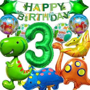 SJZG-Decoration Anniversaire 3 Ans, Xxl Dinausaure Ballon Decoration Anniversaire Garcon Avec Happy Birthday Banni&egrave;re, 12 Pi&egrave;ces Dinosaures Ballons Deco Anniversaire Pour 3 Ans Gar&ccedil;ons Enfants - Neuf