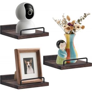 TIANYI-Petites &Eacute;tag&egrave;res Murales Lot de 3, 15 cm &Eacute;tag&egrave;re Murale Bois, &Eacute;tag&egrave;re Murale D&eacute;coration Moderne avec du Fer forg&eacute;, Adapt&eacute;e &agrave; la Cuisine, &agrave; la Salle de Bain, au Bureau, au Salon (Brun) - Neuf