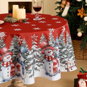Sjzg-Nappes Noel Ronde 180 Cm Rouge Nappe De No&euml;l Anti Tache Avec &Eacute;l&eacute;gant Bonhomme De Neige Blanc Flocon De Neige Et D&eacute;coration De Sapin De No&euml;l Pour Anniversaire,Exterieur,Jardin,Salon,F&ecirc;te - Neuf