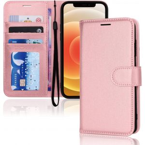 Maa-Etui Iphone Iphone 12, Iphone 12 Pro Portefeuille - Housse En Cuir Avec Rabat De Protection, Fentes Pour Cartes, Béquille Et Dragonne, Cuir Pu Rose Compatible Avec Iphone 12/12 Pro 6.1 - Neuf