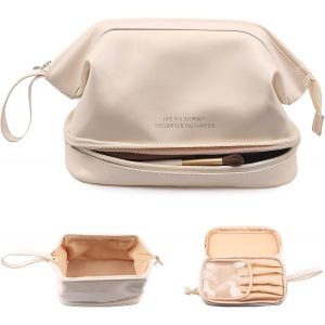 MAA-Trousse Toilette Imperméable Portable PU, Trousse Toilette avec Compartiment Poignée, Trousse Cosmétique Double Couche, Trousse Maquillage Voyage Double Couche (Blanc-Double) - Neuf