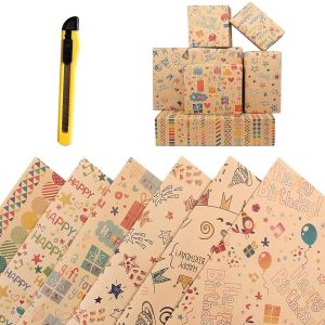 TIANYI-6 Feuilles Papier Cadeau Papier Anniversaire d'emballage, Rouleau de Papier Cadeau, Papier Emballage Cadeau, Feuilles Kraft Rouleau, 70x50cm, pour Femme Fille Bebe Homme Garcon Enfant - Neuf
