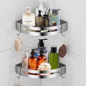 BHHBB-Étagère de douche sans perçage Coin : étagère de douche en acier inoxydable 2 pièces Étagère de douche autocollante avec 4 crochets Étagère de salle de bain pour rangement de douche - Neuf