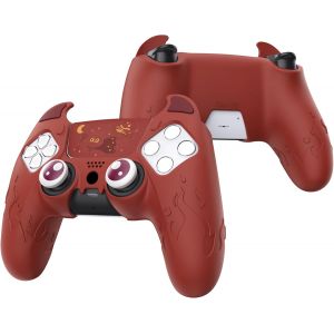 PlayVital Protection Manette pour ps5 Coque Housse Silicone avec Capuchon pour ps5 Joystick Grip et Sticker Pav&eacute; Tactile,Cover Skin Compatible avec Station de Charge,Cute Demon-Rouge - Neuf