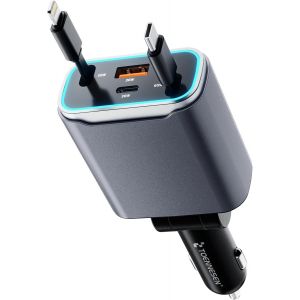 131W Chargeur de Voiture r&eacute;tractable 4 en 1 Chargeur de t&eacute;l&eacute;phone Rapide with USB C USB A pour V&eacute;hicules 12 V/24 V Adaptateur Voiture de Voiture pour iPhone 16/15/MacBook/Galaxy/Google/Huawei - Neuf