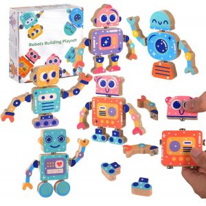 Bloc de Construction Enfant Jouet Montessori,28 Pi&egrave;ce DIY Robots Assembl&eacute;s D&eacute;tachables,Jouets en Bois Montessori Motricit&eacute; Fine,Jouets D'activit&eacute; et de D&eacute;veloppement Jeu Educatif 3 Ans - Neuf
