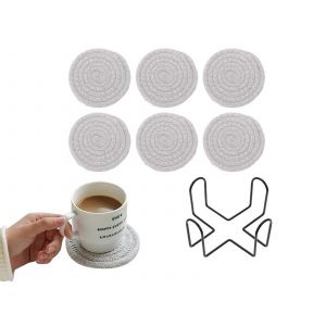 Dessous De Verre Tress&eacute;s Absorbants Avec Support - Gris Clair, Lot De 6 - Neuf