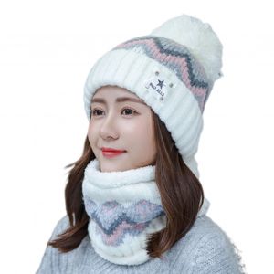 2 Pièces/Ensemble Femmes Hiver Chapeau Et Écharpe Ensemble En Peluche Boule Décor Contraste Couleur Épaisse Peluche Ligne Résistant Au Froid Bonnet En Plein Air Ski Patinage Cyclisme Cou Couverture Ensemble De Casquette-Blanc - Neuf