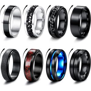 Tianyi-8 Pcs Bague Homme Acier Inoxydable Noir Tournante Chaîne Rock Bague Vintage Gothique Anneaux En Fiber De Carbone Bagues Dragon Celtique Bleu Mariage Promise Bande Anneau Taille 52-70 - Neuf
