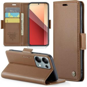 Kal-Coque Pour Xiaomi Redmi Note 13 Pro 4g+ 2 Pièces Verre Trempé,Antivol,Prend En Charge Le Chargement Sans Fil, Pochette Fermeture Magnétique Flip Case-Marron - Neuf