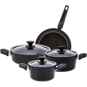 Subzonal-Karaca Blackgold Batterie De Cuisine 7 Pi&egrave;ces &iquest; Ensemble De Casseroles Et Po&ecirc;les Antiadh&eacute;sives, 3 Casseroles En Biogranit Avec 3 Couvercles En Verre Et 1 Po&ecirc;le En Granit, Sans Pfoa, Passe Au - Neuf