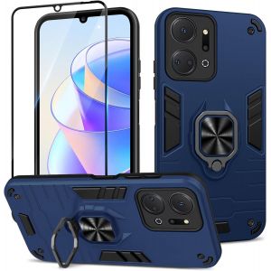Kal-Coque Pour Honor X7a 2023 Avec Verre Trempé, Etui De Protection Antichoc De Qualité Militaire, Housse Avec Anneau Support Métallique, Support De Voiture Compatible, Bleu - Neuf