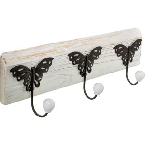 Porte-manteau mural en bois avec 3 crochets en m&eacute;tal et c&eacute;ramique blanc et noir 48 x 8 x 15 cm - Neuf