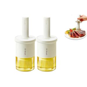 Lot De 2 Flacons Distributeurs D'huile Avec Goupillon Pour La Cuisine Et Le Barbecue, En Verre Et Silicone, Capacit&eacute; De 300 Ml. - Neuf