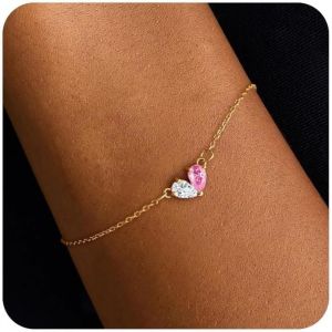 Eryi-Bracelet En Or En Coeur Pour Femmes, Bracelets À 2 Pierres De Naissance Bracelets En Coeur En Cz Plaqué Or 18k, Bracelet En Chaîne Ajustable Pour Mère Et Fille Cadeau D'anniversaire - Neuf
