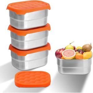 Lot De 2 Boîtes À Collation En Acier Inoxydable De 230 Ml Avec Couvercle En Silicone-Petits Récipients À Épices En Acier Inoxydable-Anti-Fuite-Pour Collations Pour Enfants,Sauces Et Épices - Neuf
